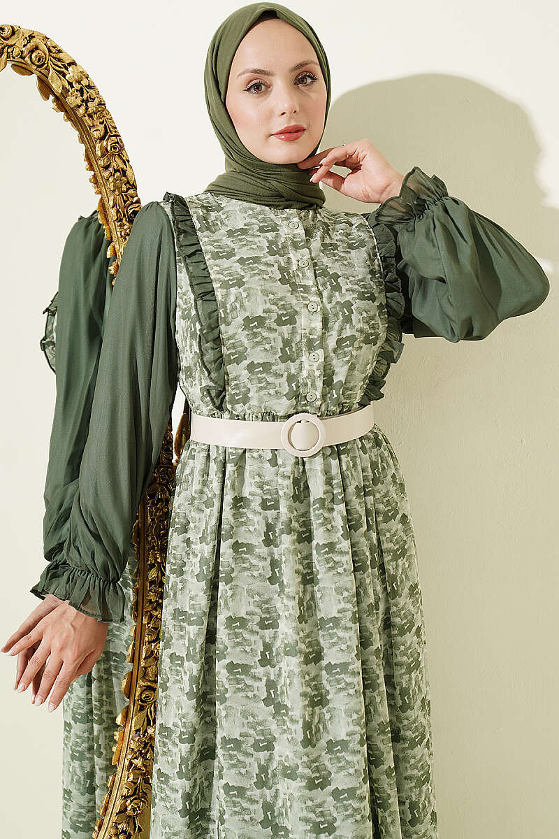 Ruffled Neck Printed Chiffon Dress Green - Image 2