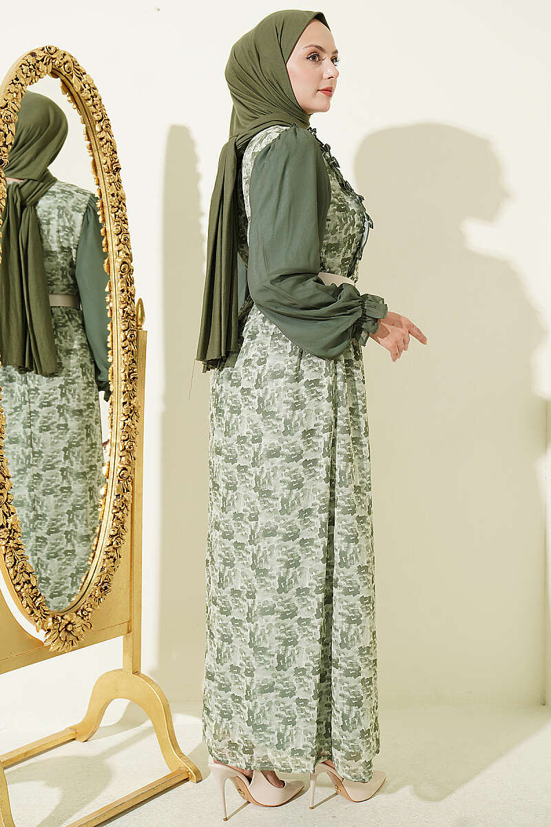Ruffled Neck Printed Chiffon Dress Green - Image 3