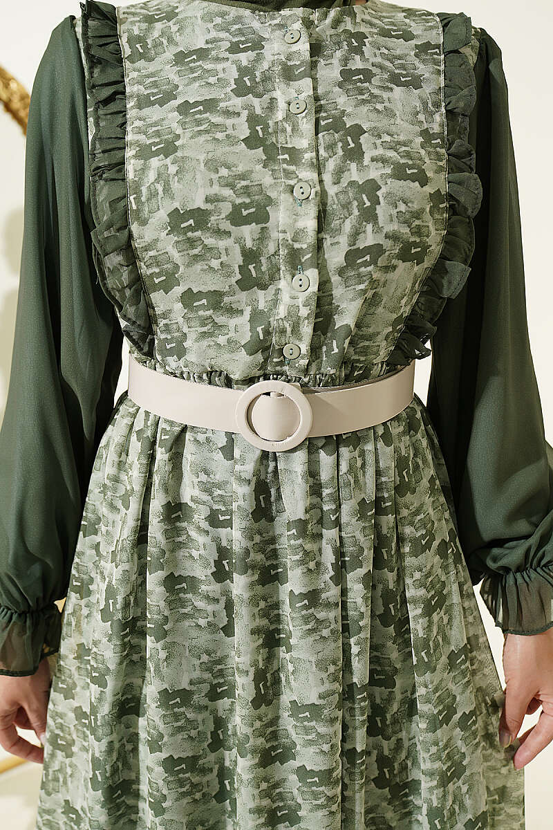 Ruffled Neck Printed Chiffon Dress Green - Image 4