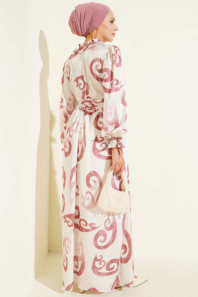 Ruffled Collar Dress with Ribbon Detail Rose Dust - Image 3