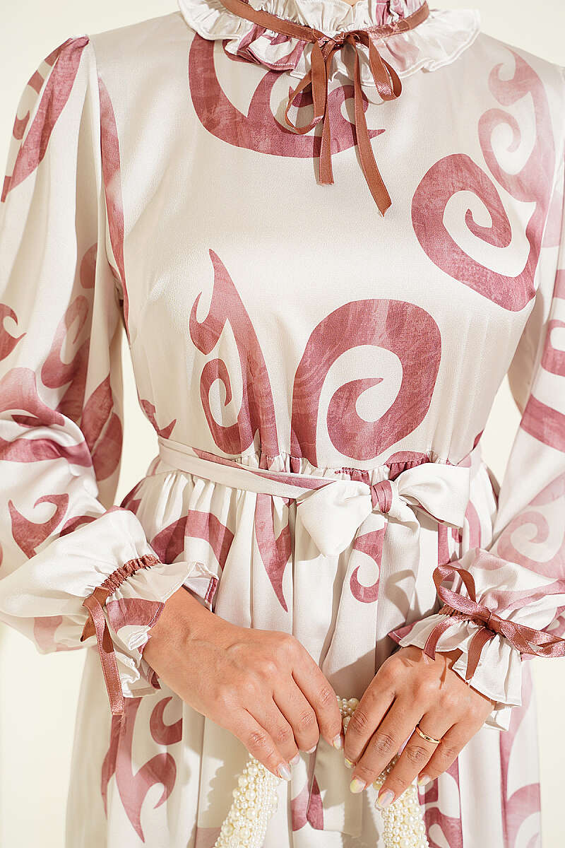 Ruffled Collar Dress with Ribbon Detail Rose Dust - Image 4