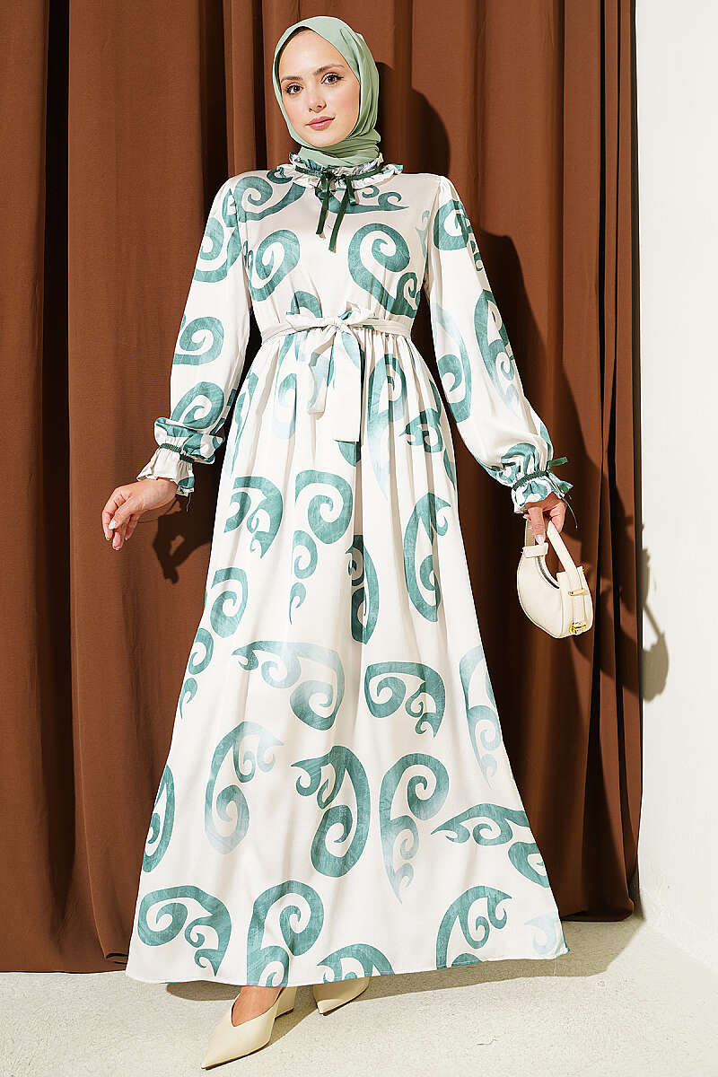 Ruffled Collar Dress with Ribbon Detail Green