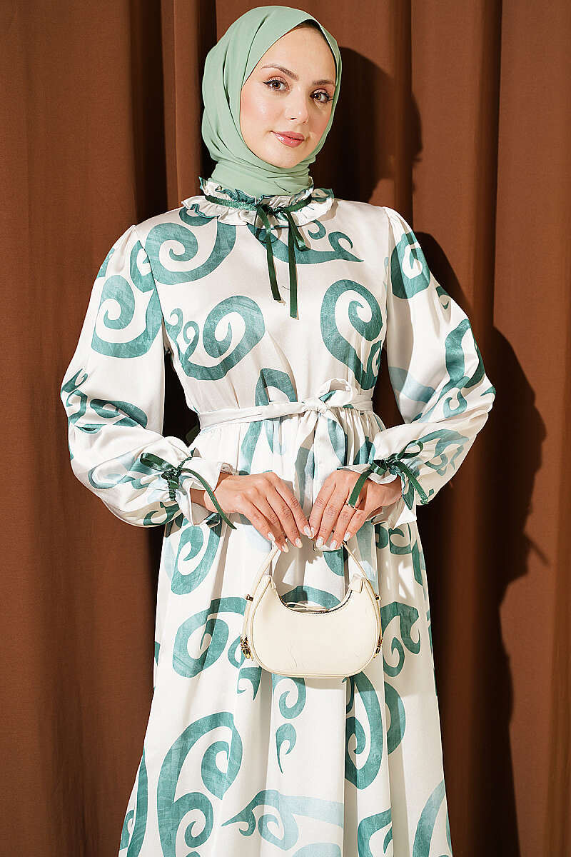 Ruffled Collar Dress with Ribbon Detail Green - Image 2