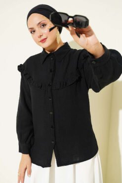 Ruffled Collar Muslin Shirt Black