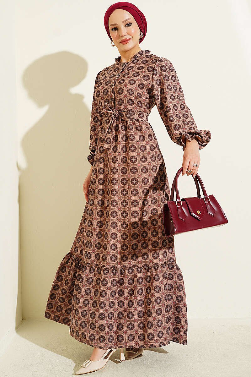 Ruffled Neckline Authentic Dress Tan