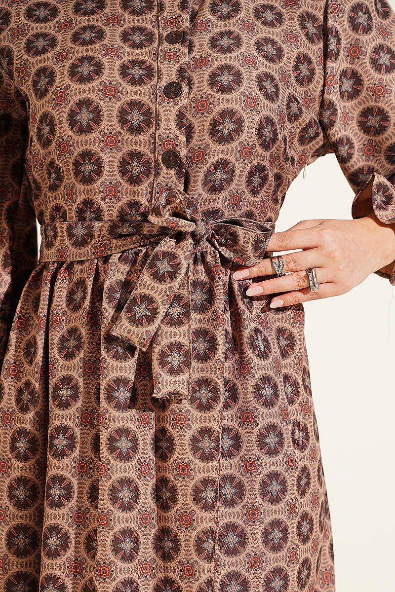 Ruffled Neckline Authentic Dress Tan - Imagen 4