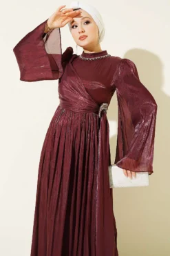 منظر بديل لـ Chiffon Dress with Stone Embroidery Burgundy