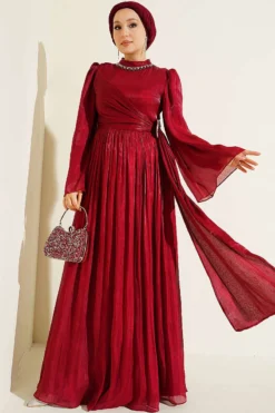 Chiffon Dress with Stone Embroidery Red