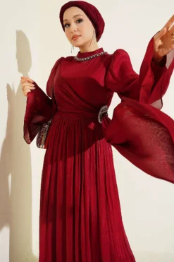منظر بديل لـ Chiffon Dress with Stone Embroidery Red