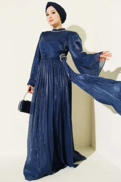 Chiffon Dress with Stone Embroidery Navy Blue