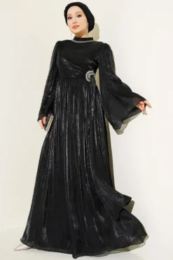 Chiffon Dress with Stone Embroidery Black