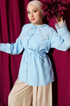 Shirt with Lace Neck and Cuffs Baby Blue