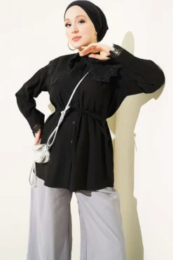 Shirt with Lace Neck and Cuffs Black