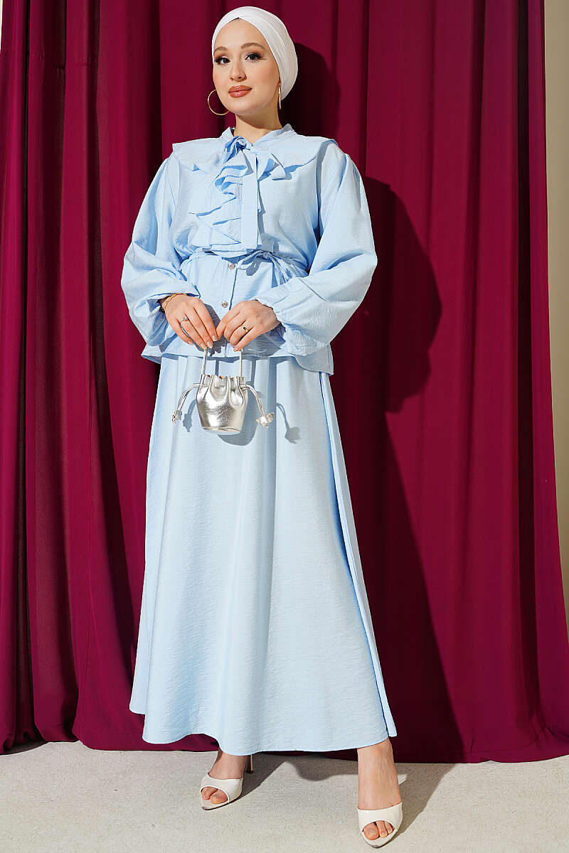 Ruffled Neckline Tied Two-Piece Set with Hem Edge Blue