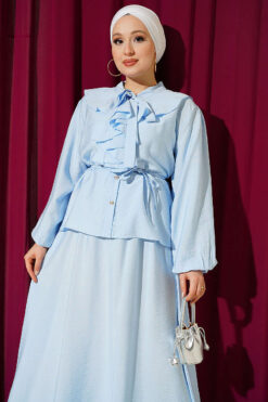 Alternative view of Ruffled Neckline Tied Two-Piece Set with Hem Edge Blue