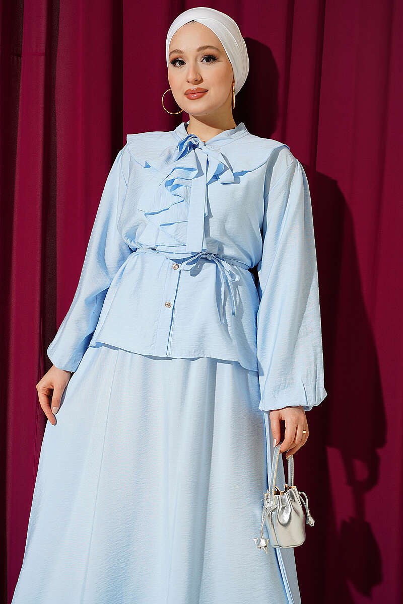 Ruffled Neckline Tied Two-Piece Set with Hem Edge Blue – Image 2