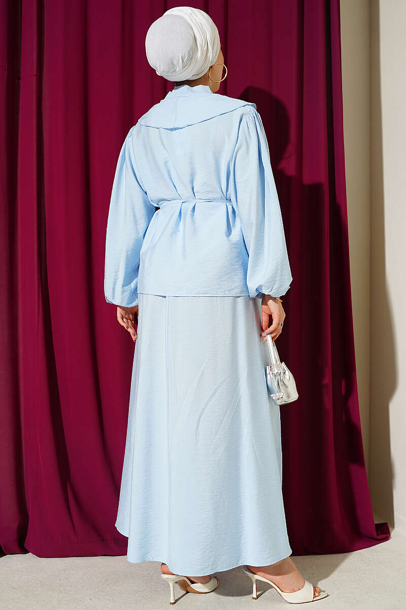 Ruffled Neckline Tied Two-Piece Set with Hem Edge Blue – Image 3