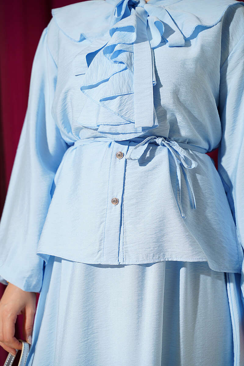 Ruffled Neckline Tied Two-Piece Set with Hem Edge Blue – Image 4