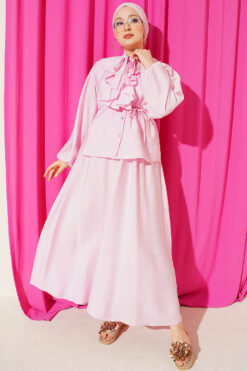 Alternative view of Ruffled Neckline Tied Two-Piece Set with Hem Edge Pink
