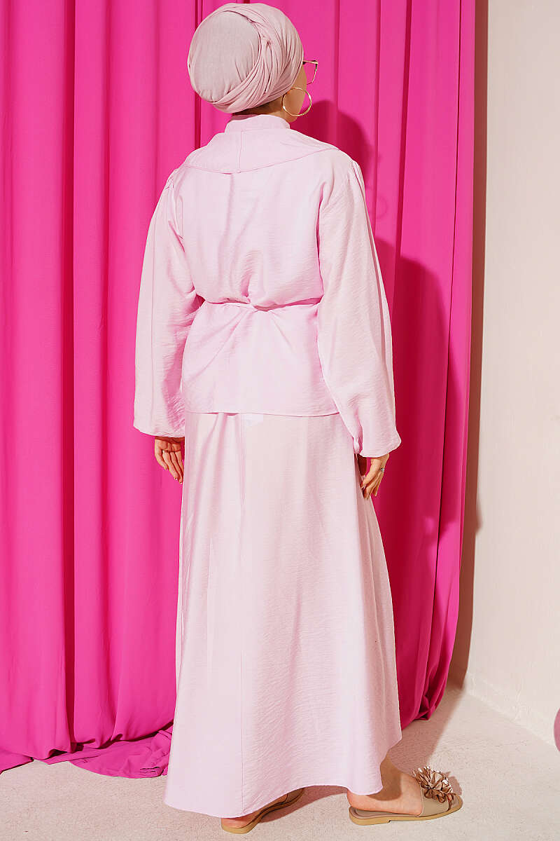 Ruffled Neckline Tied Two-Piece Set with Hem Edge Pink – Image 3