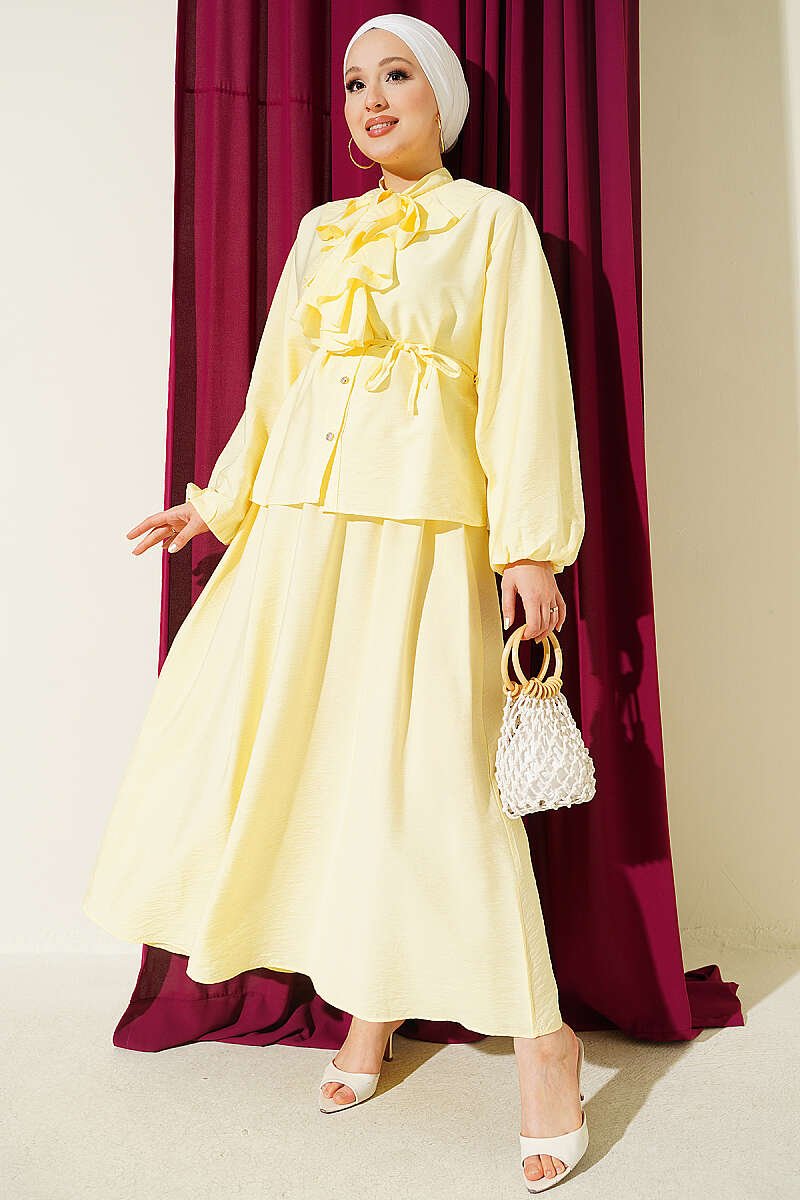 Ruffled Neckline Tied Two-Piece Set with Hem Edge Yellow