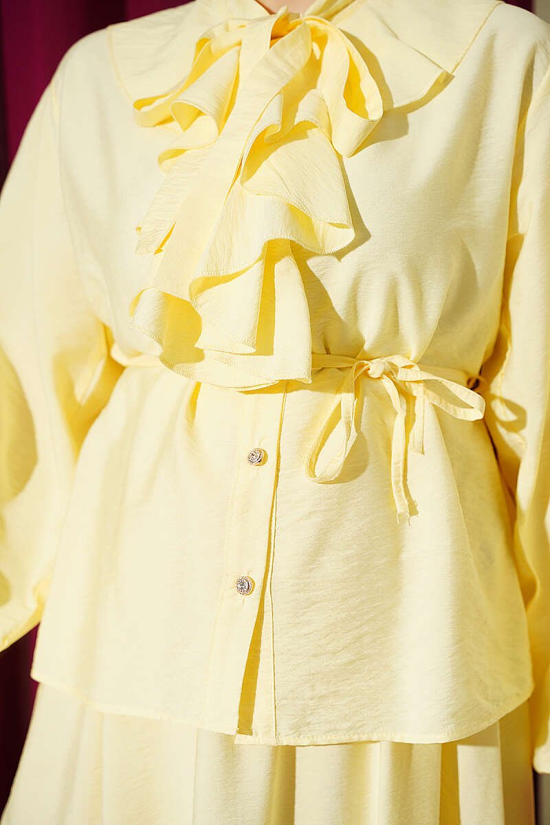 Ruffled Neckline Tied Two-Piece Set with Hem Edge Yellow - Imagen 4