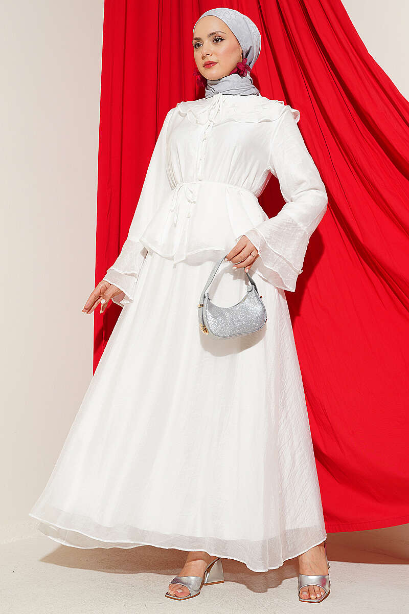 Ruffled Collar Brit Buttoned Two-Piece Set with Hem Edge White