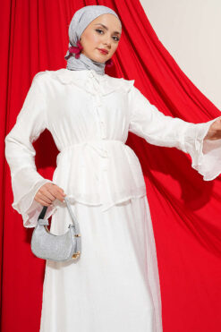 Alternative view of Ruffled Collar Brit Buttoned Two-Piece Set with Hem Edge White
