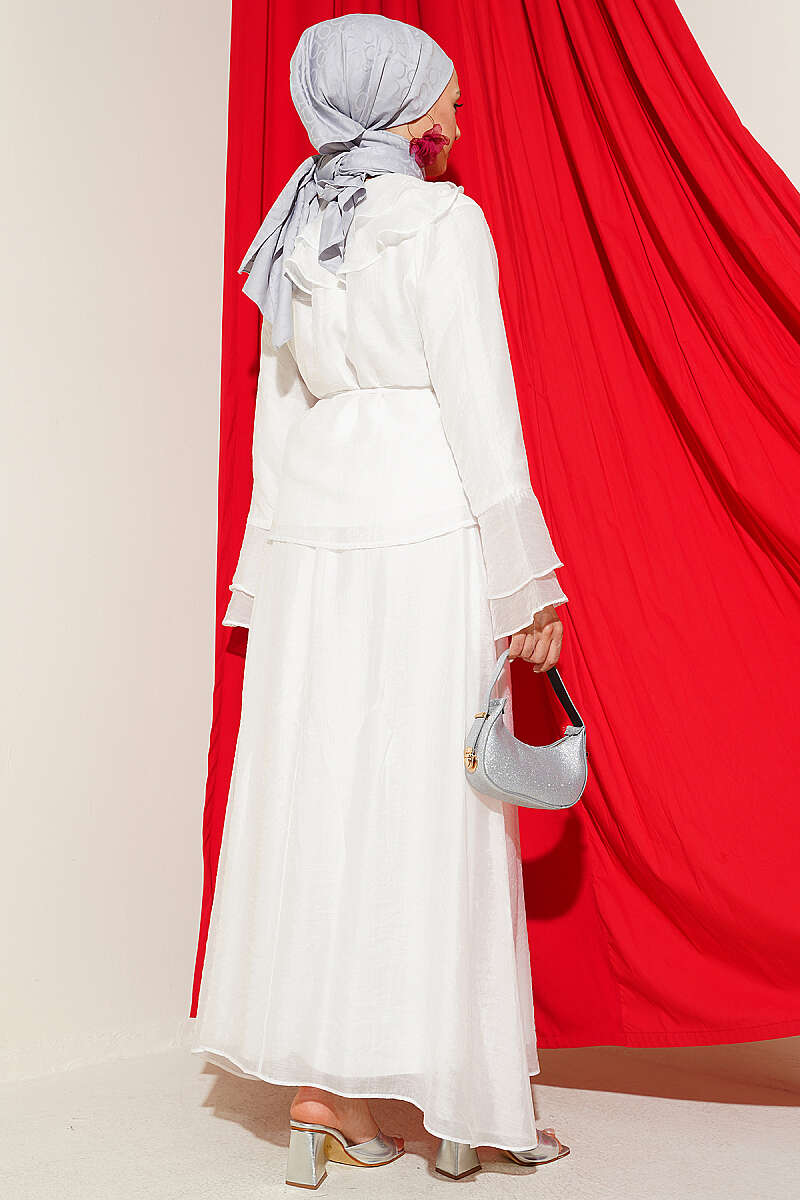 Ruffled Collar Brit Buttoned Two-Piece Set with Hem Edge White - Image 3