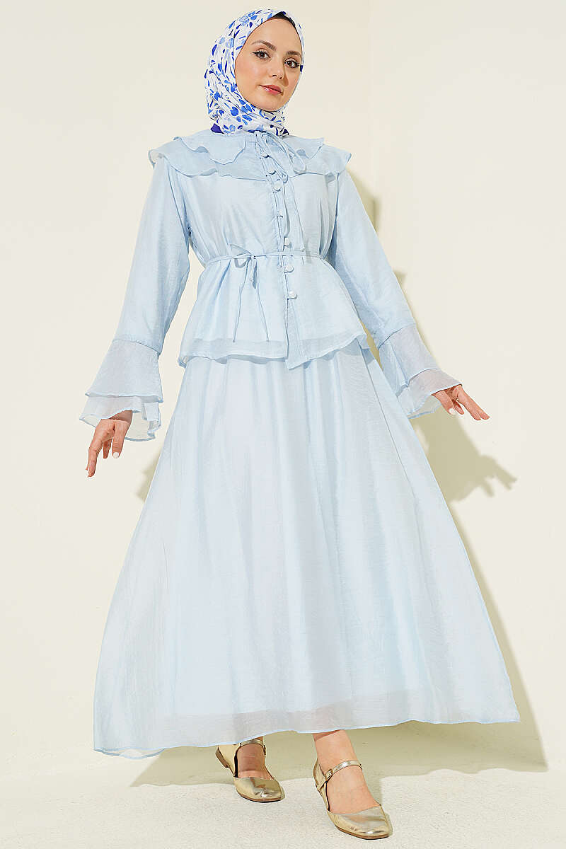Ruffled Collar Brit Buttoned Two-Piece Set with Hem Edge Blue