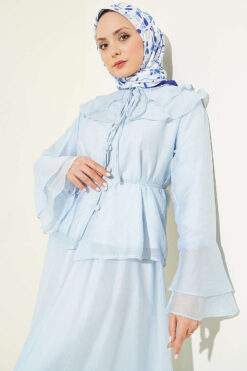 Alternative view of Ruffled Collar Brit Buttoned Two-Piece Set with Hem Edge Blue