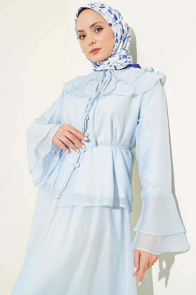 Ruffled Collar Brit Buttoned Two-Piece Set with Hem Edge Blue - immagine 2