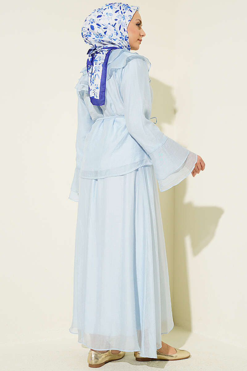 Ruffled Collar Brit Buttoned Two-Piece Set with Hem Edge Blue - immagine 3
