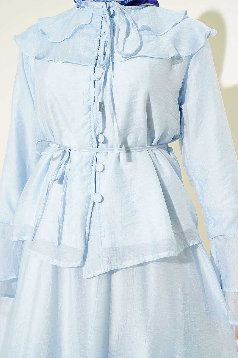 Ruffled Collar Brit Buttoned Two-Piece Set with Hem Edge Blue - immagine 4