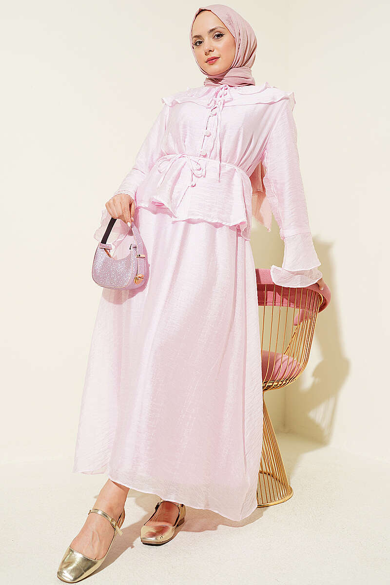 Ruffled Collar Brit Buttoned Two-Piece Set with Hem Edge Pink