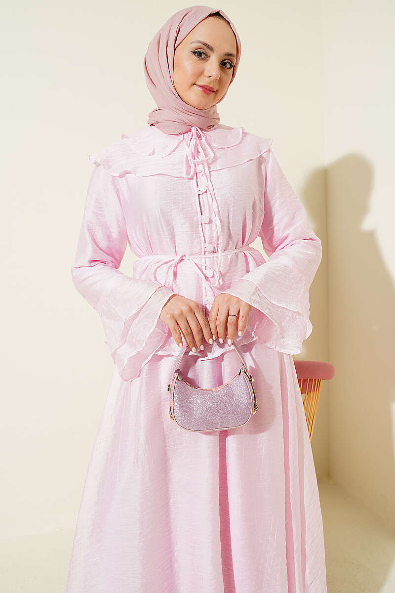 Ruffled Collar Brit Buttoned Two-Piece Set with Hem Edge Pink - Image 2
