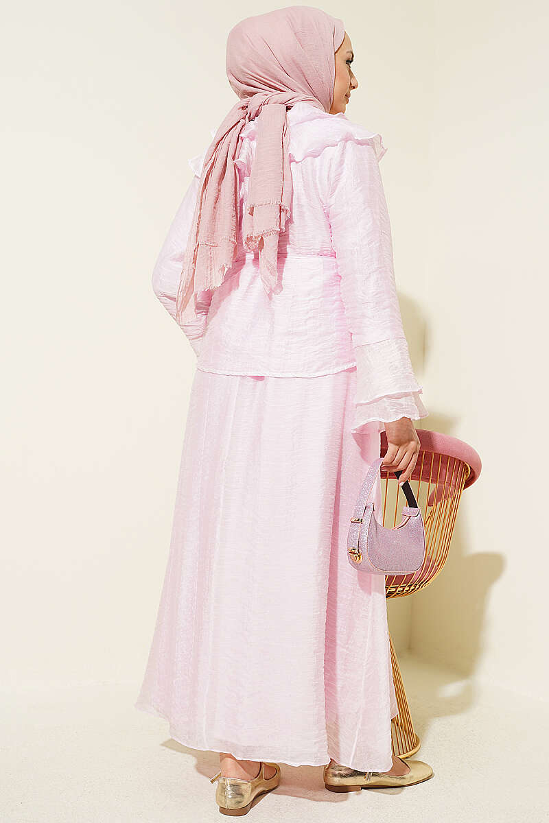 Ruffled Collar Brit Buttoned Two-Piece Set with Hem Edge Pink - Image 3