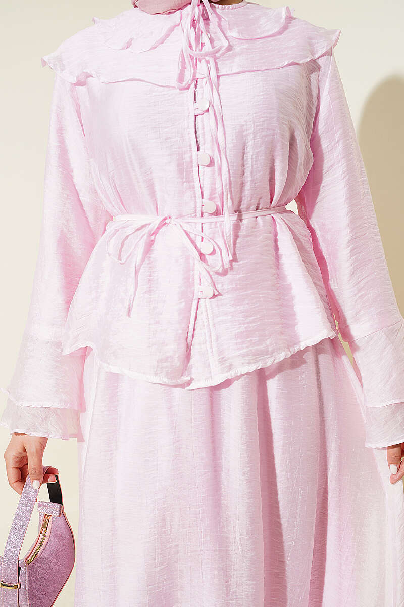 Ruffled Collar Brit Buttoned Two-Piece Set with Hem Edge Pink - Image 4