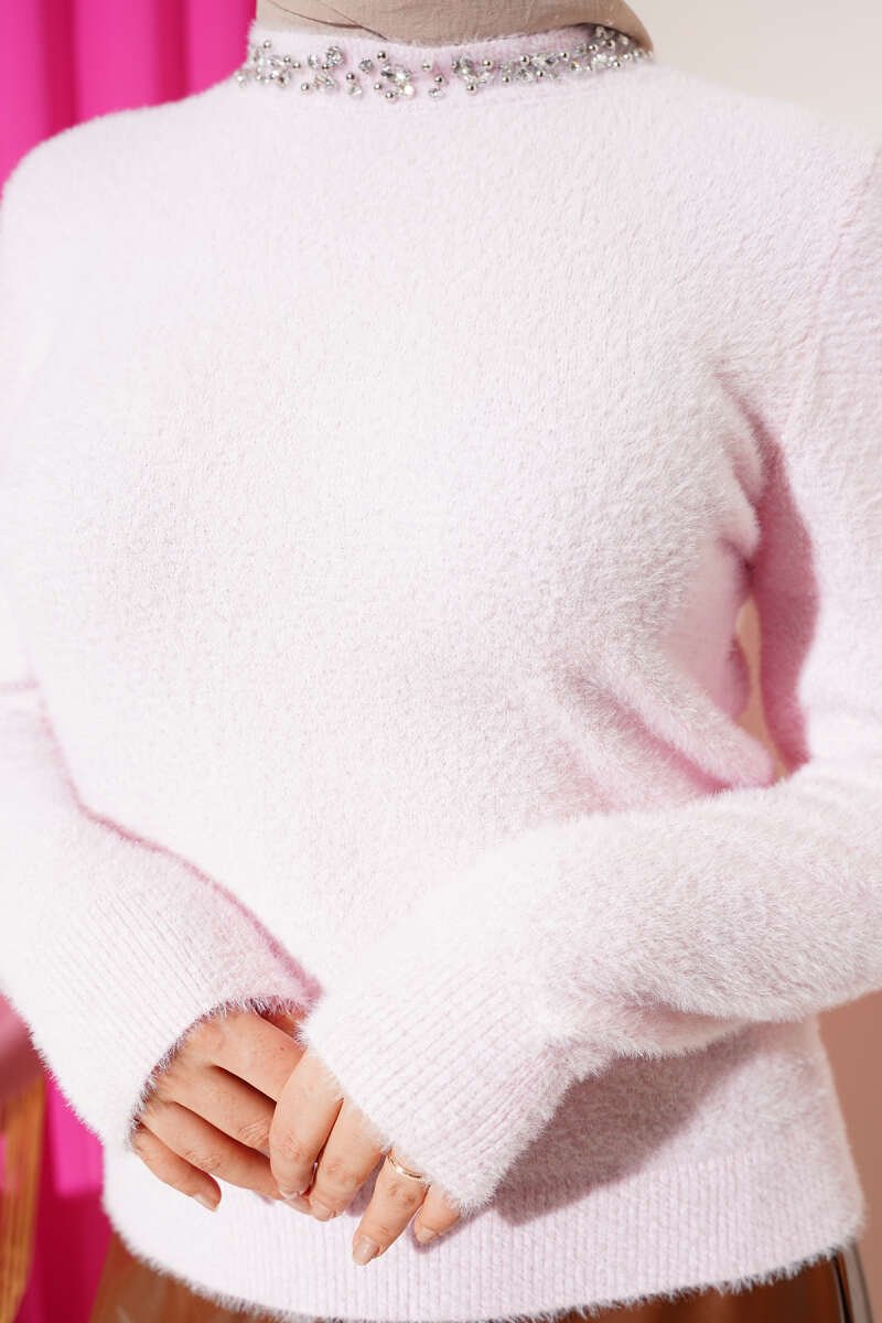 Embellished Neckline Chenille Sweater Pink - Imagen 4