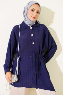 Side-Tied Vertical Striped Shirt Navy Blue
