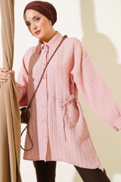 Side-Tied Vertical Striped Shirt Powder Pink