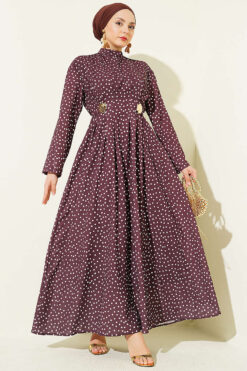 Embroidered Waist Belt Dress with Gold Accessories Coffee Brown