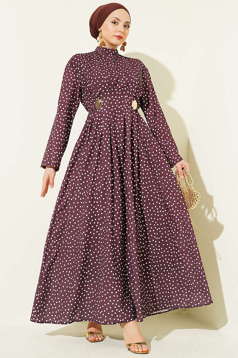 Embroidered Waist Belt Dress with Gold Accessories Coffee Brown