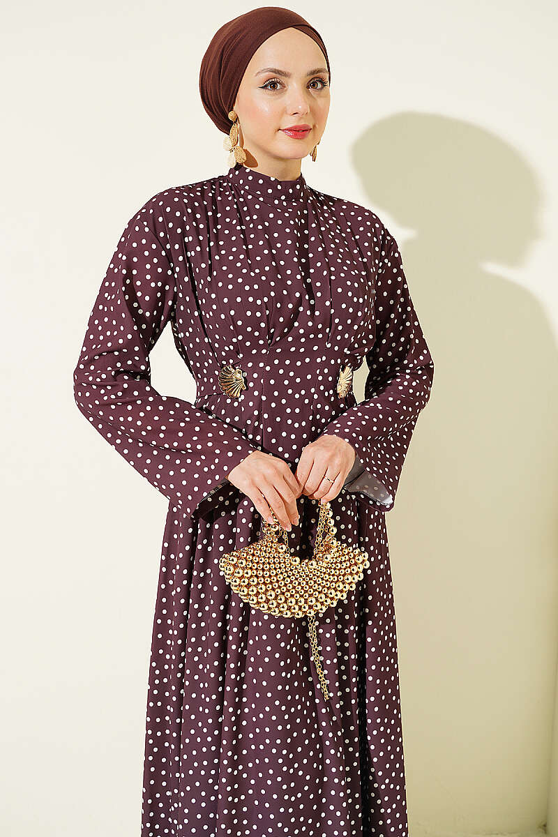 Embroidered Waist Belt Dress with Gold Accessories Coffee Brown - Image 2