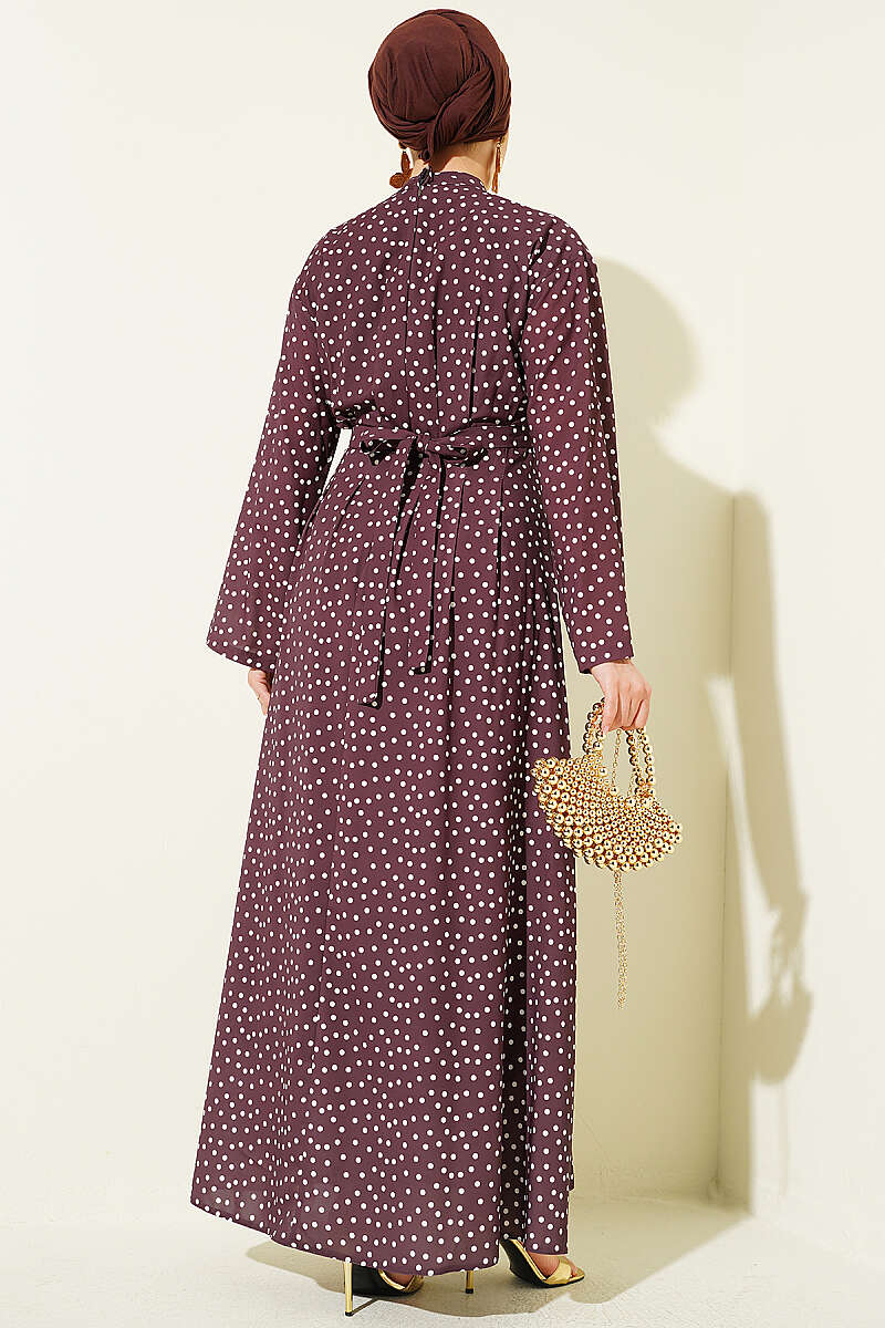 Embroidered Waist Belt Dress with Gold Accessories Coffee Brown - Image 3