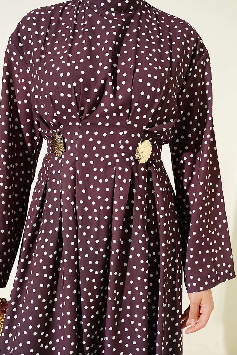 Embroidered Waist Belt Dress with Gold Accessories Coffee Brown - Image 4
