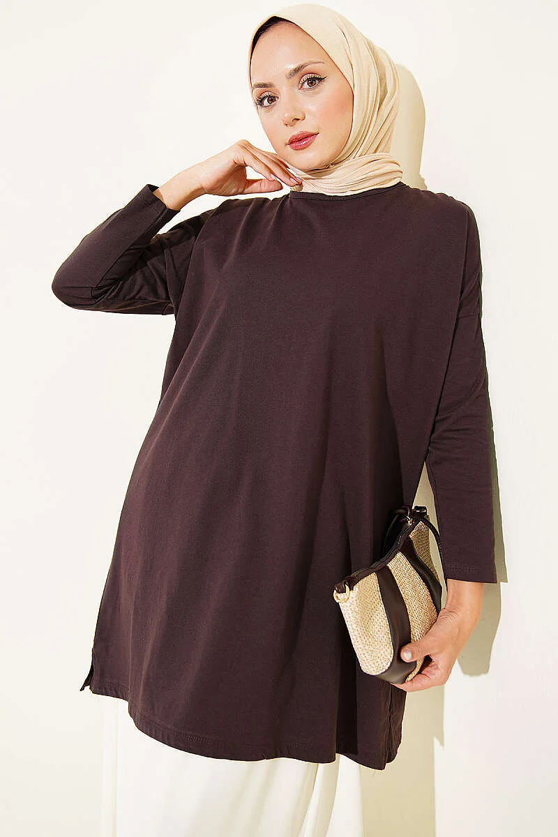 Side Slit Basic Tunic Dark Brown