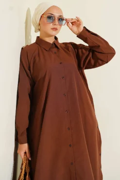 Alternative view of Button-Up Long Shirt with Side Slits Brown