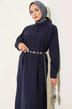 Alternative view of Button-Up Long Shirt with Side Slits Navy Blue