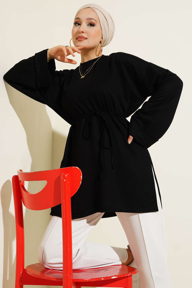 Side Slit Double Sleeve Tunic Black - Imagen 2